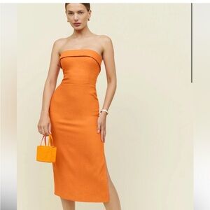 Reformation Orange Strapless Midi Linen Dress